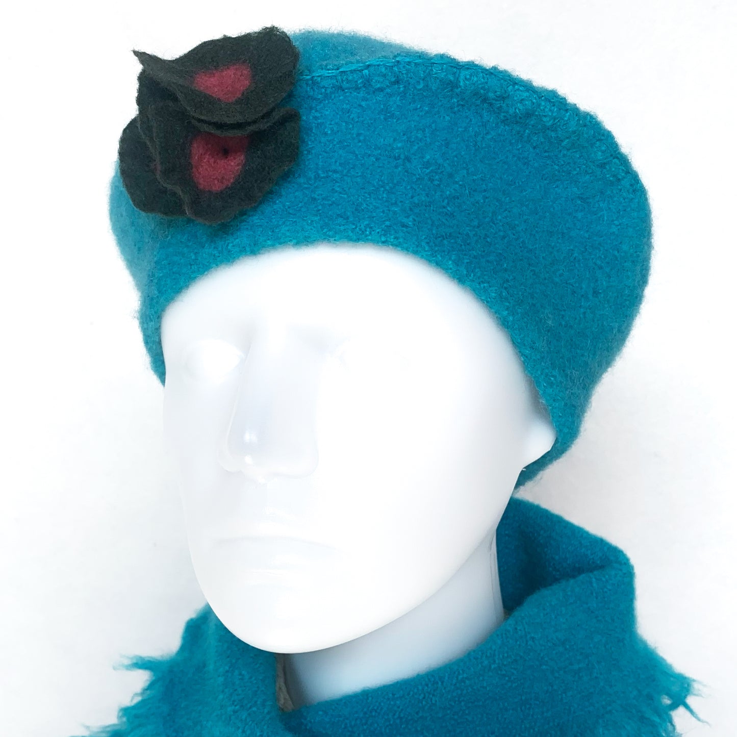 100% Felted Wool Beret - Turquoise & Kaki flowers