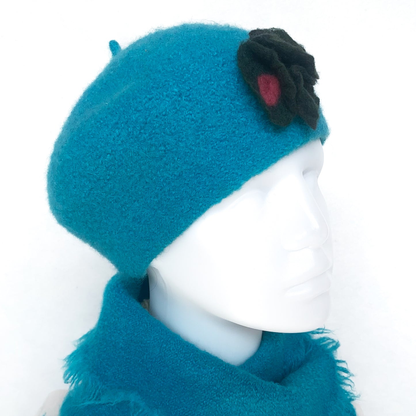 100% Felted Wool Beret - Turquoise & Kaki flowers