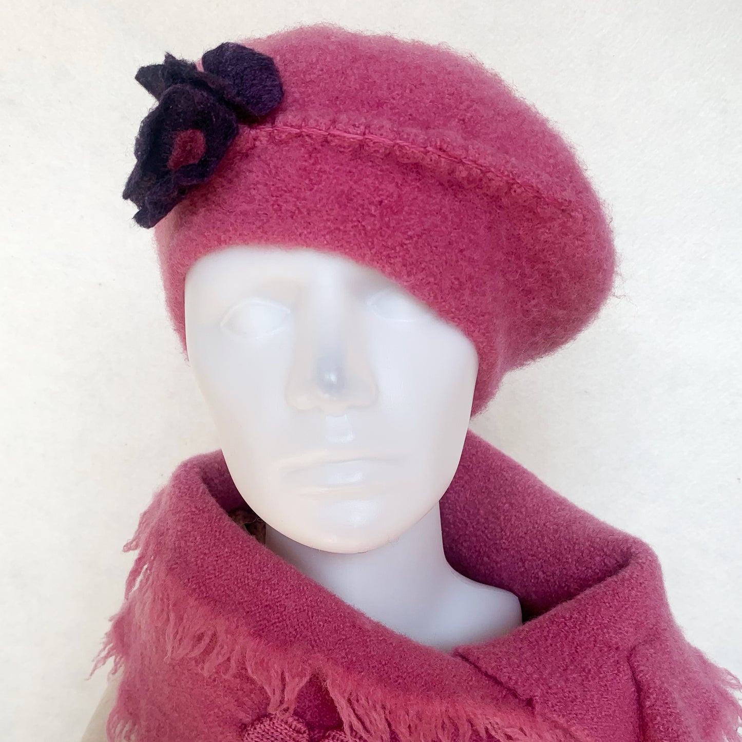 100% Felted Wool Beret - Roseline & Purple flowers