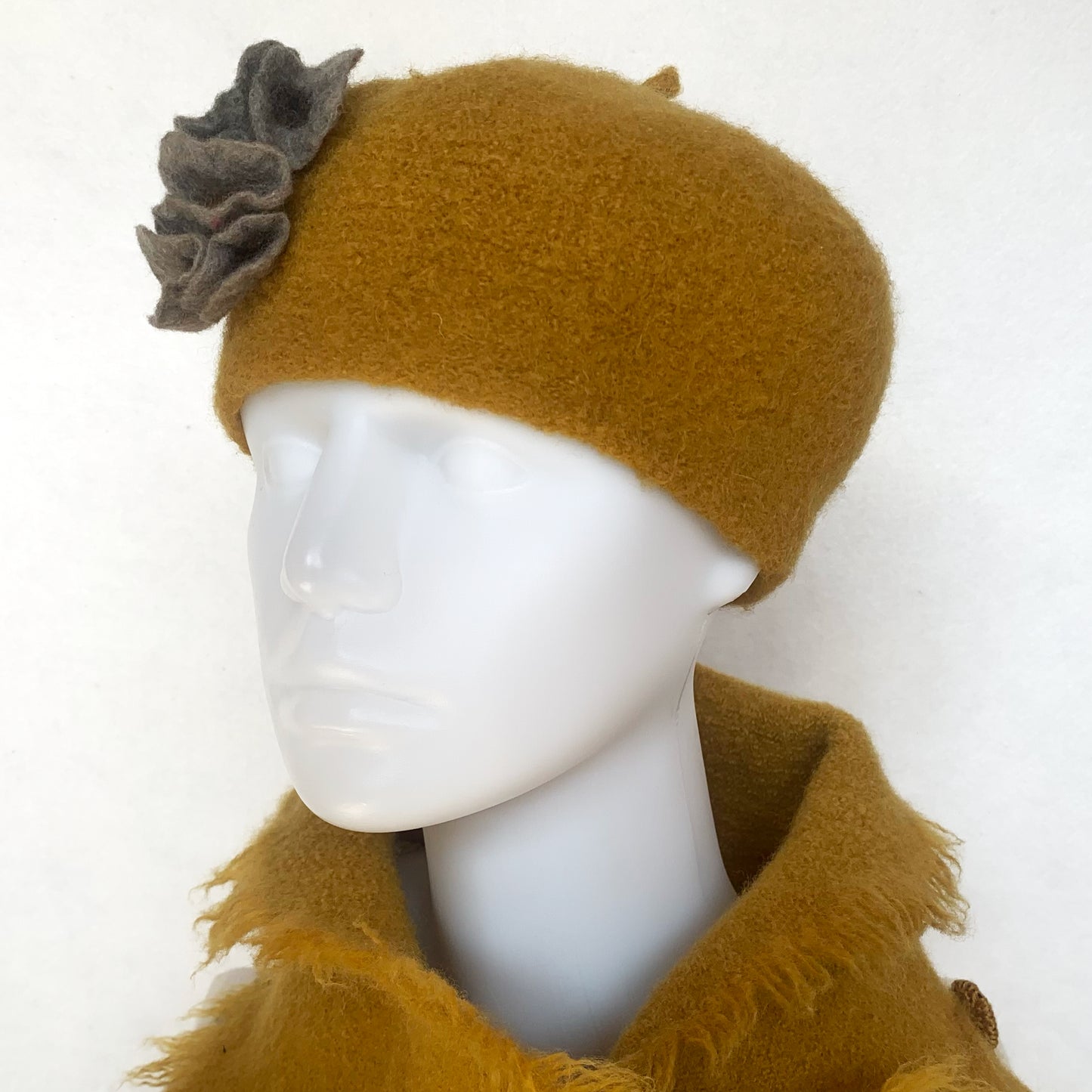 100% Felted Wool Beret - Gold & Grey flowers