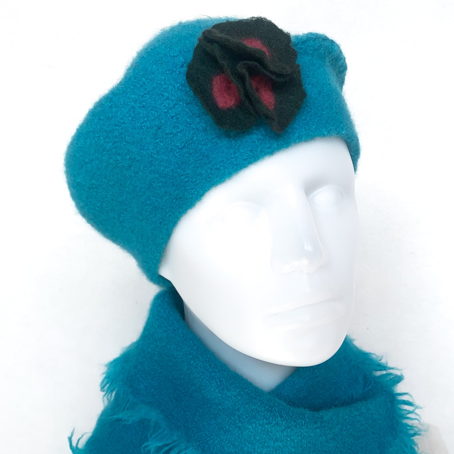 100% Felted Wool Beret - Turquoise & Kaki flowers