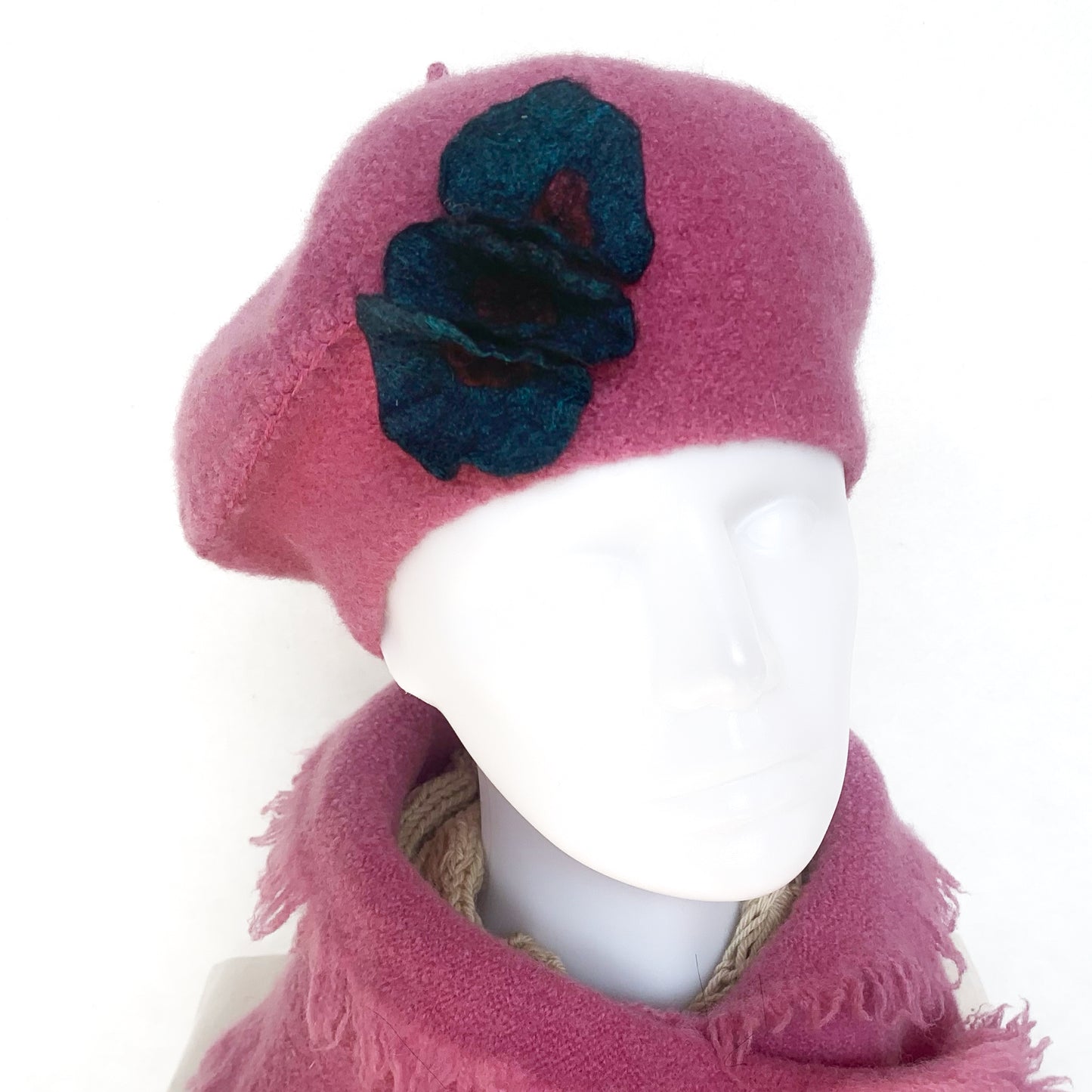 100% Felted Wool Beret - Roseline & Teal flowers
