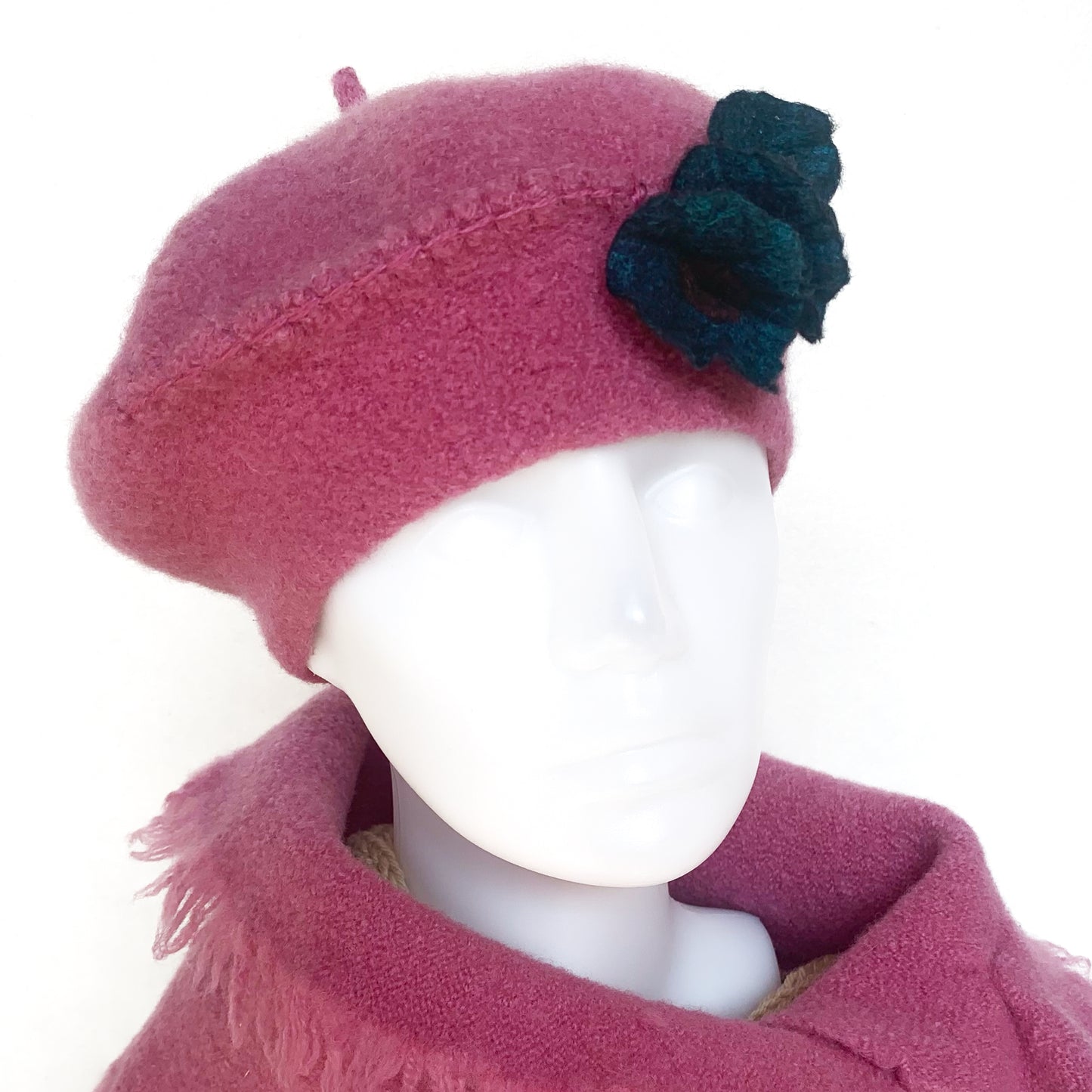 100% Felted Wool Beret - Roseline & Teal flowers