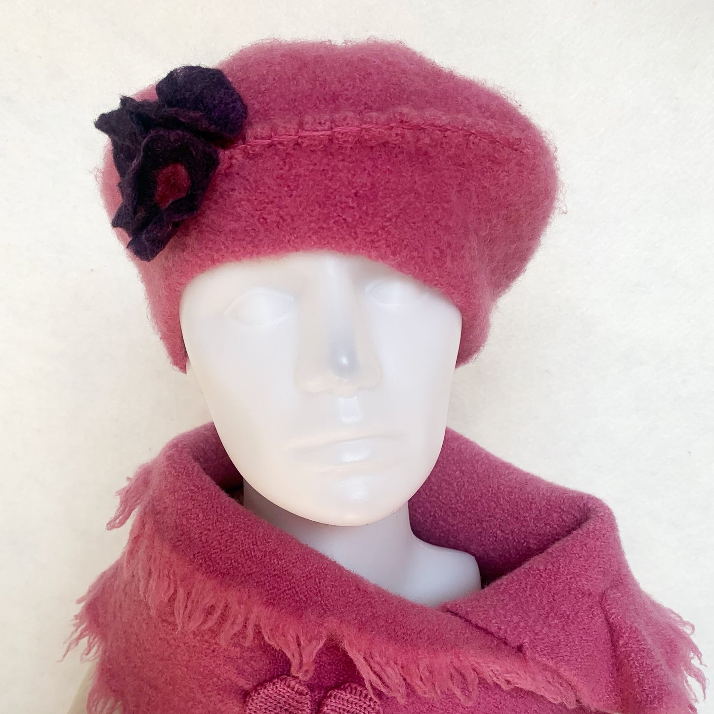 100% Felted Wool Beret - Roseline & Purple flowers