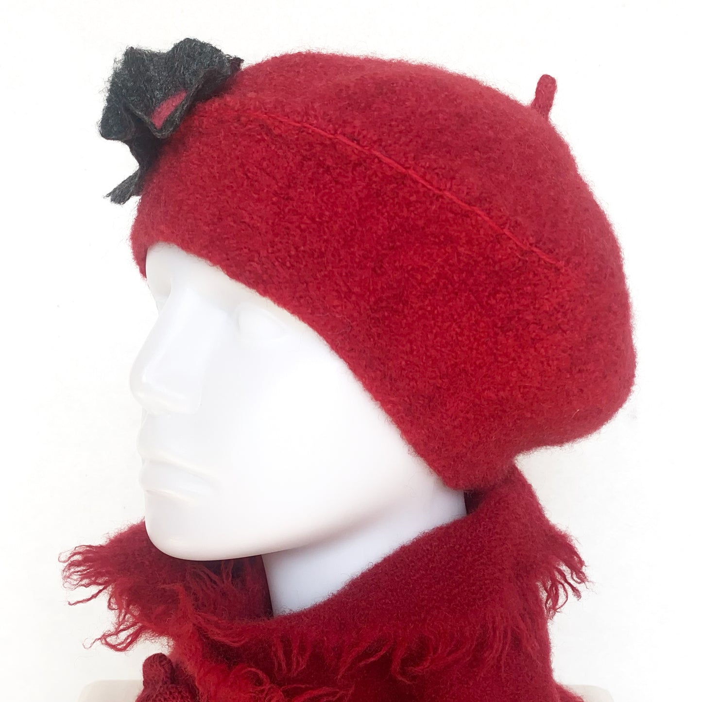 100% Felted Wool Beret - Red & Grey flowers