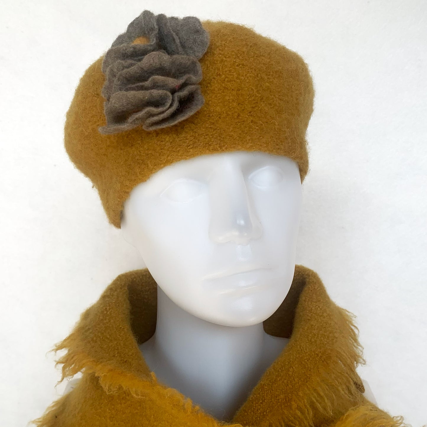 100% Felted Wool Beret - Gold & Grey flowers