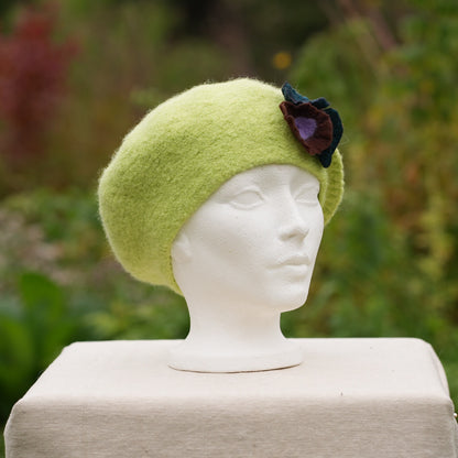 100% Felted Wool Beret - Green-Lime