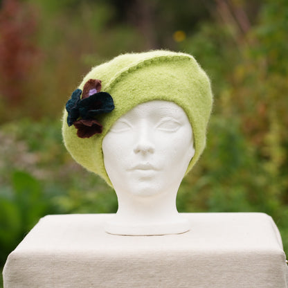 100% Felted Wool Beret - Green-Lime