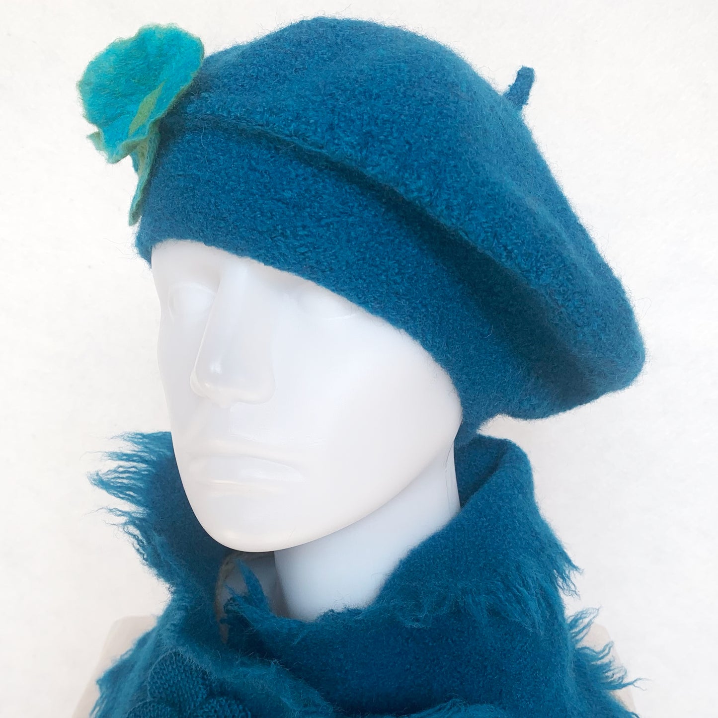 100% Felted Wool Beret - Jeans & Turquoise and green flowers