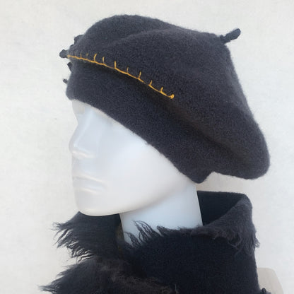 100% Felted Wool Beret - Charcoal & Black and yellow flowers