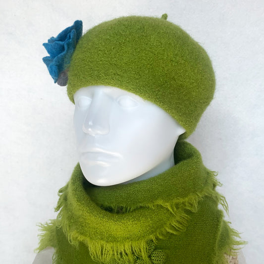 100% Felted Wool Beret - Chartreuse & Turquoise flowers