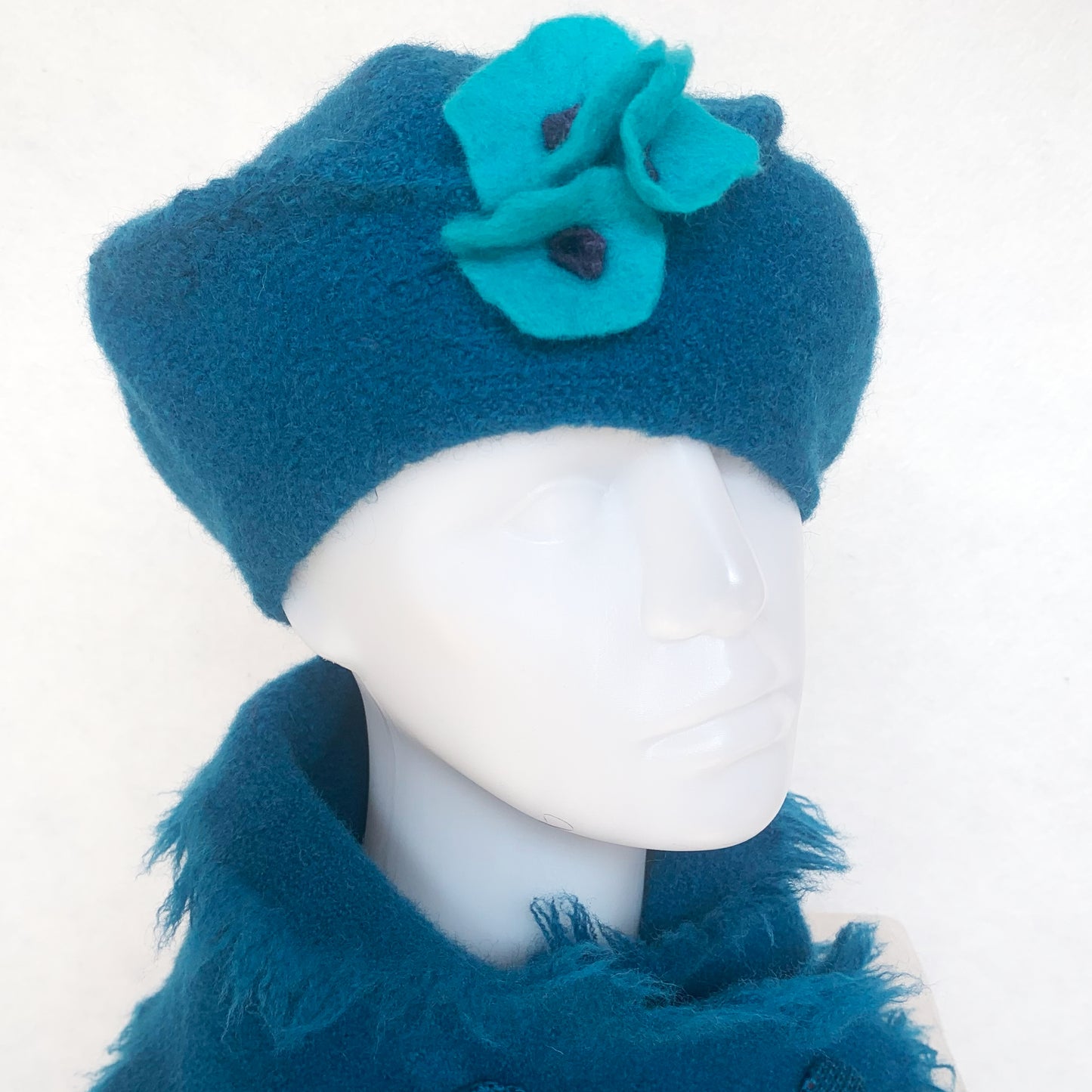 100% Felted Wool Beret - Jeans & Turquoise flowers