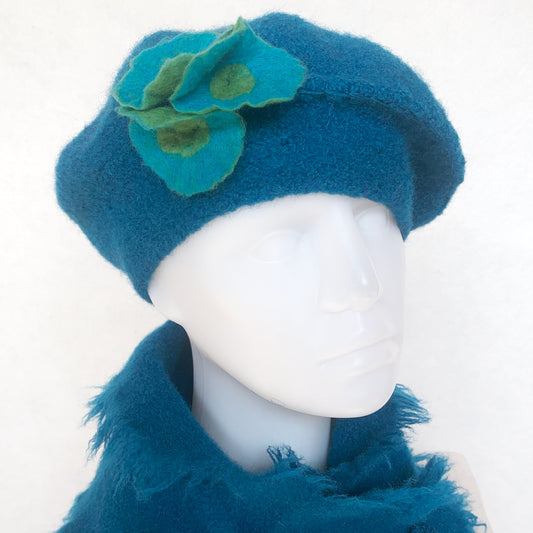 100% Felted Wool Beret - Jeans & Turquoise and green flowers