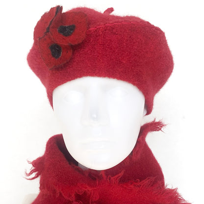 100% Felted Wool Beret - Red & Flowers red
