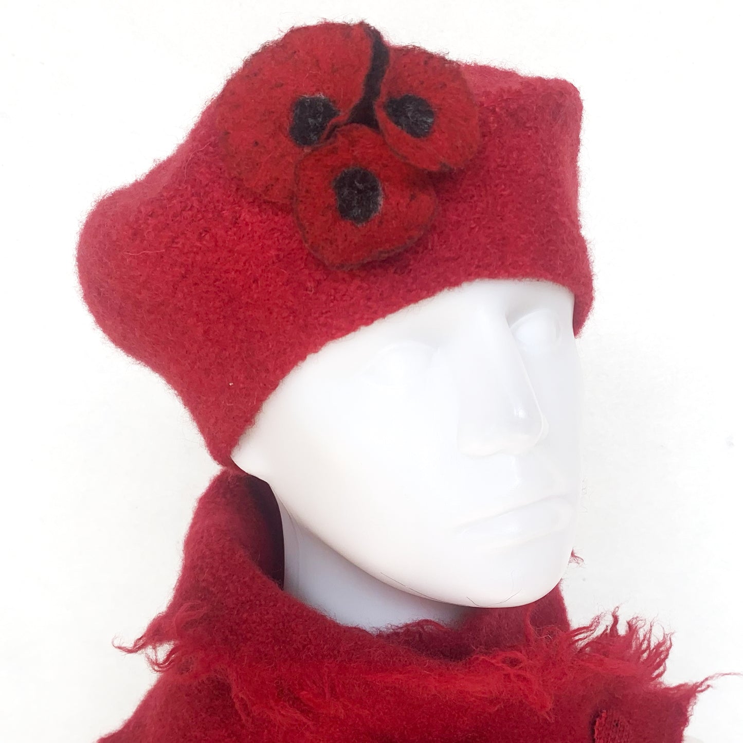 100% Felted Wool Beret - Red & Flowers red