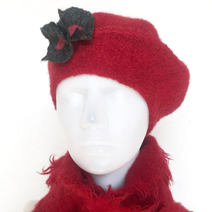 100% Felted Wool Beret - Red & Grey flowers