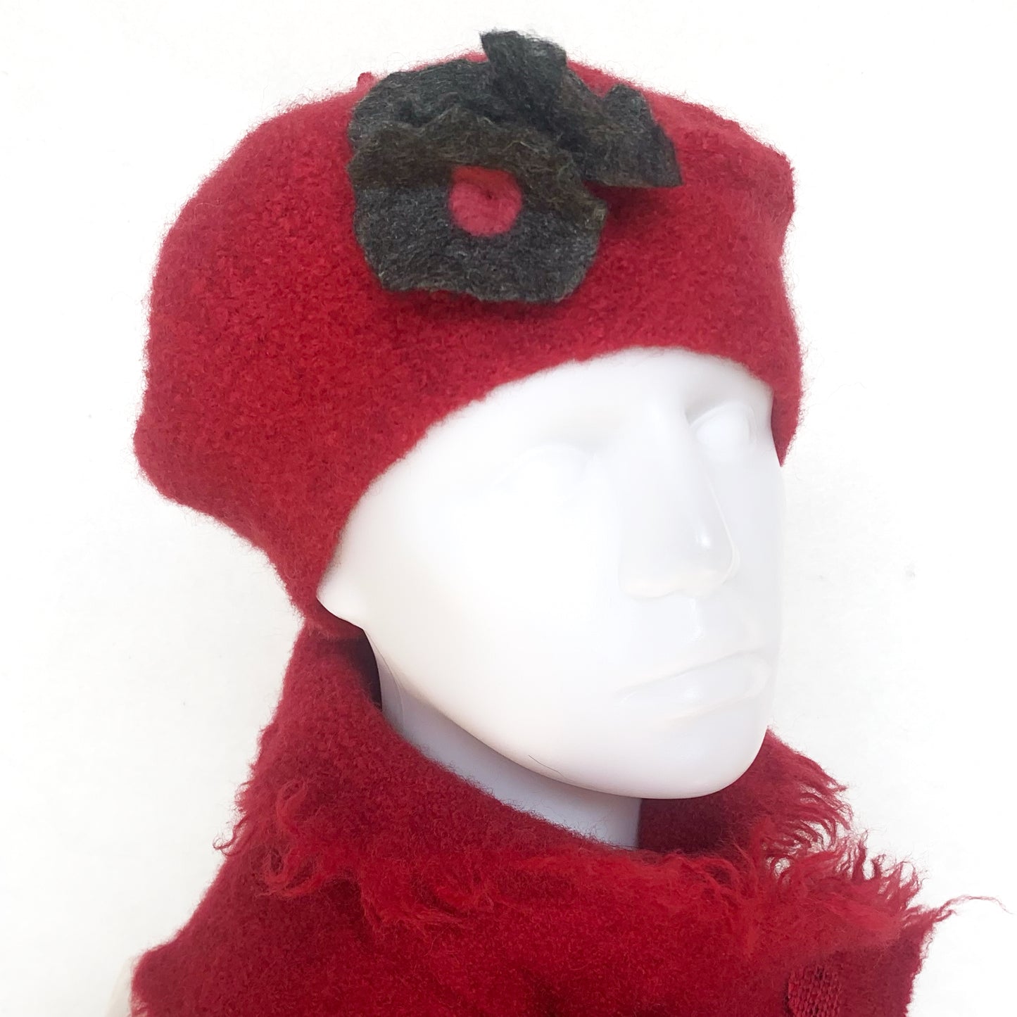 100% Felted Wool Beret - Red & Grey flowers