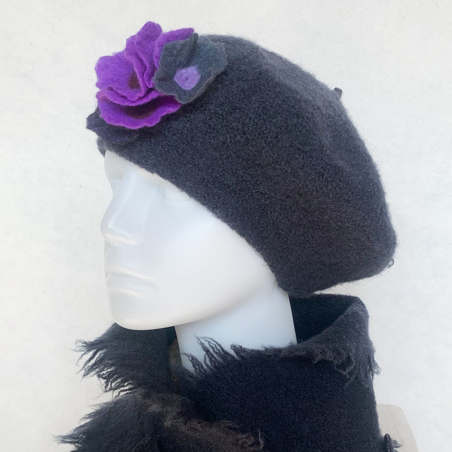 100% Felted Wool Beret - Charcoal & Purple flowers
