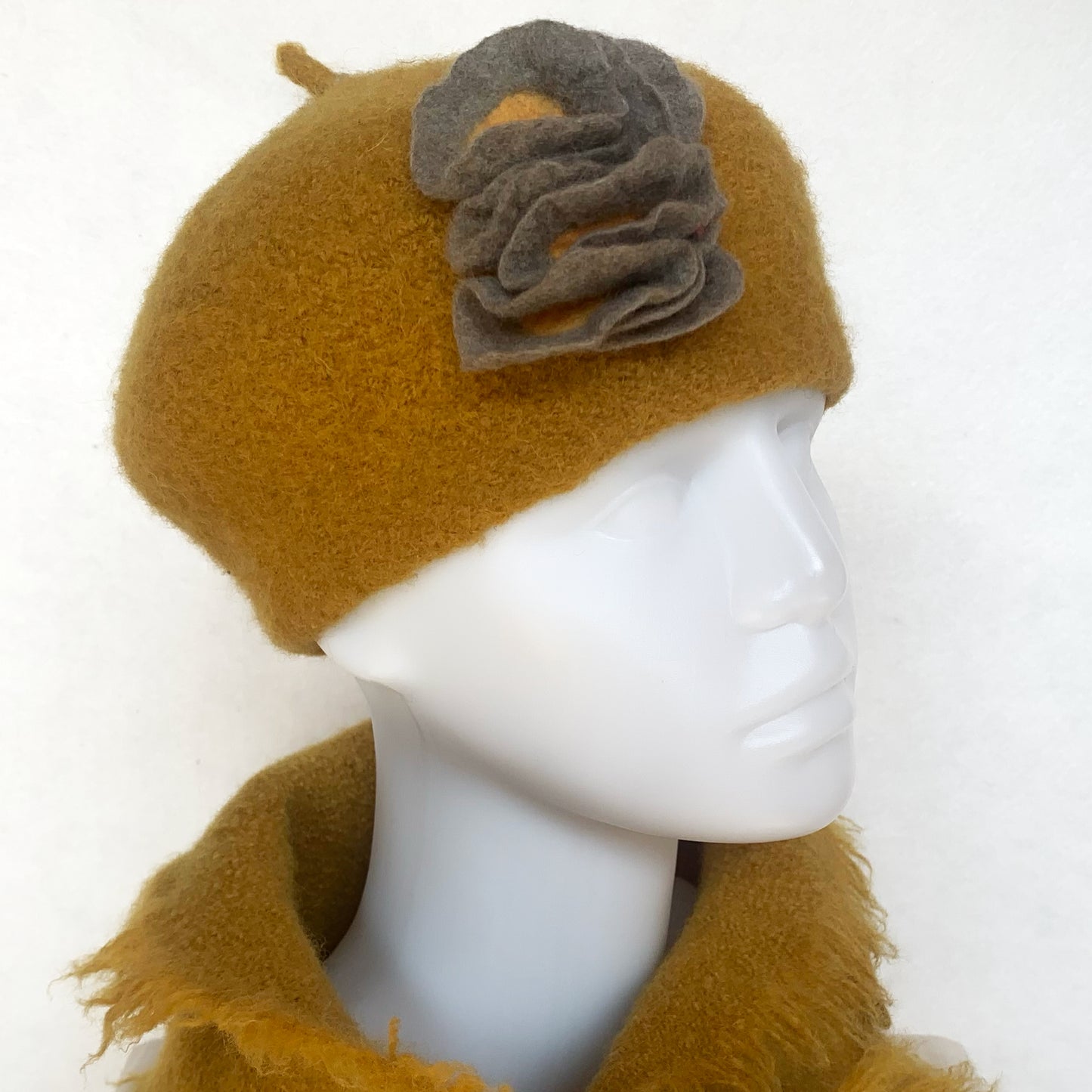 100% Felted Wool Beret - Gold & Grey flowers