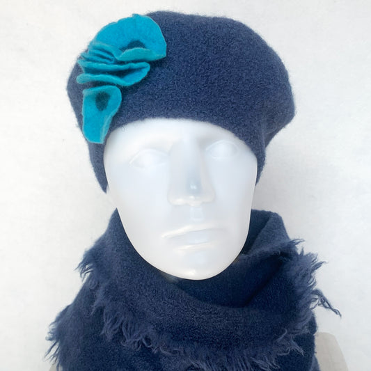 100% Felted Wool Beret - Denim & Turquoise flowers